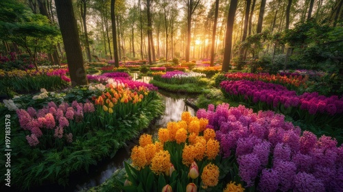 Sunlight streams through tall trees illuminating a vibrant, lush garden overflowing with multicolored spring blossoms