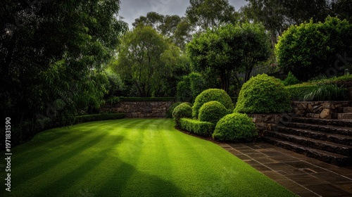 Lush green manicured garden features striped lawn and sculpted bushes alongside stone retaining walls and steps