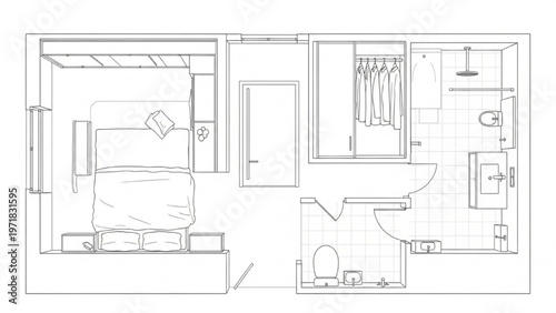 Modern Studio Apartment Floor Plan CAD Drawing with Compact Efficient Layout, Architectural Blueprint Interior Design Template