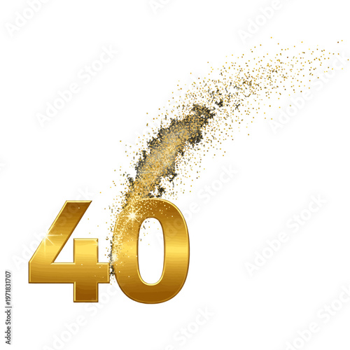 Golden number forty dissolving into sparkling particles on white background
