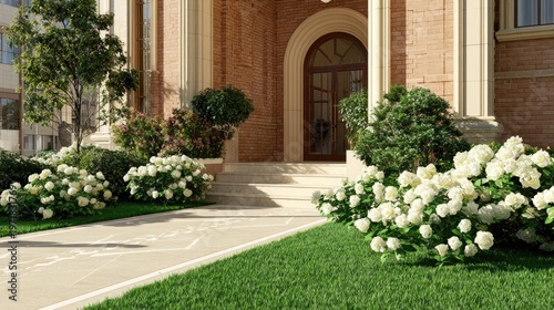 Manicured landscaping with flowering shrubs frames the entrance to an elegant brick building