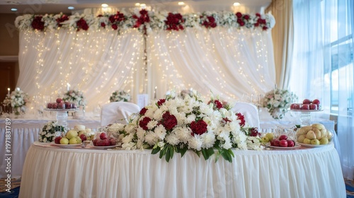 Elegant reception head table decorated with abundant floral arrangements and fresh fruit displays.
