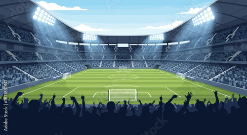 Wide-angle illustration depicts a vibrant soccer stadium filled with cheering fans, showcasing a lush green field under bright stadium lights, all set against a clear blue sky