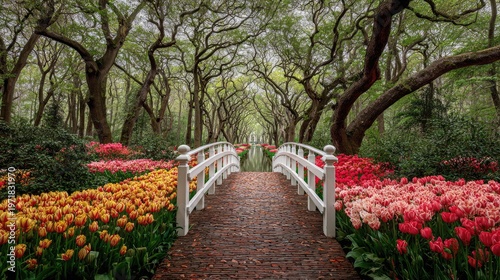 Arched white bridge spans path through colorful spring flowerbeds surrounded by lush trees