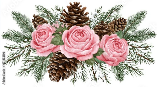 Watercolor arrangement features three delicate pink roses nestled among evergreen boughs and brown cones