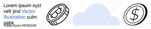 Cryptocurrency, financial transactions, cloud computing, digital assets, blockchain, online banking. ion of Bitcoin, dollar coin and a cloud icon. Cryptocurrency and financial transactions theme