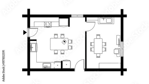 Floor Plan of a Modern Two-Bedroom Home with Dining and Kitchen Areas