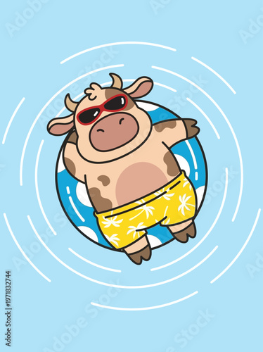 Cartoon cow wearing sunglasses swimwear.