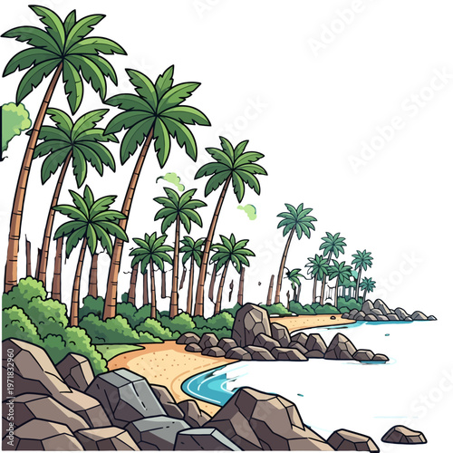 Tropical coastline with palm trees and rocky shore
