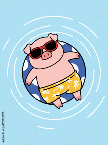 Pig wearing sunglasses and swim trunks.