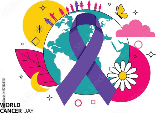 A colorful illustration depicting world cancer day awareness with a purple ribbon over a globe and surrounding decorative elements high quality