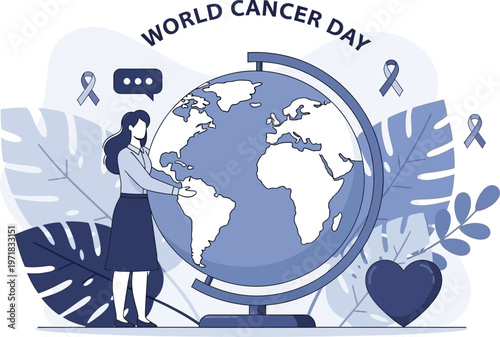 A supportive woman stands near a globe displaying world cancer day awareness ribbons and a speech bubble high quality professional detailed