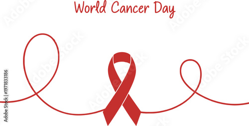 A symbolic representation of world cancer day is shown with a prominent red ribbon and flowing red lines signifying hope and awareness