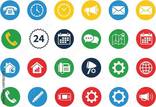 a colorful arrangement of various communication and utility icons including phones clocks mail calendars and settings displayed against a plain background