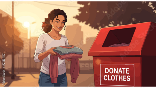 Woman Donating Clothes to Charity Bin, Sustainable Fashion Donation Concept