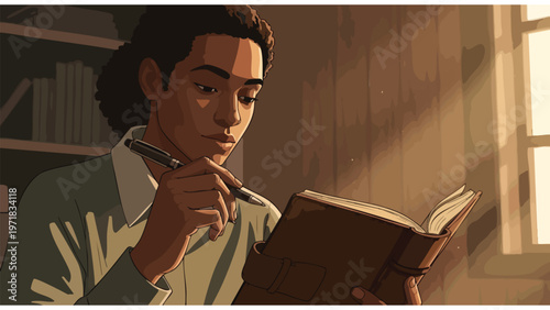 Young Woman Studying, Reading Book, Writing Notes, Focused Learning, Personal Development