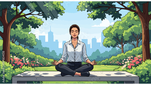Business Woman Meditating Outdoors, Serene Office Park Yoga, Corporate Wellness Break