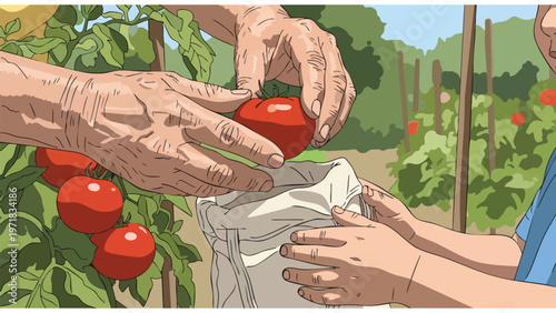 Harvesting Fresh Tomatoes: Family Garden & Healthy Eating Concept