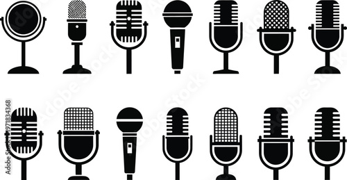 a collection of various vintage and modern microphone designs presented in a simple black and white illustration style showcasing audio technology