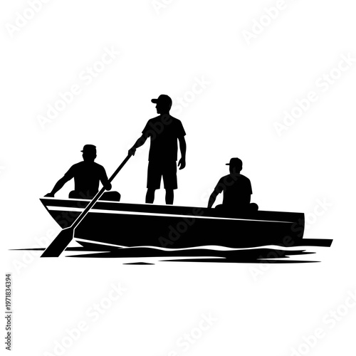 Rowboat Adventure: A serene scene of a rowboat gliding across calm waters, carrying three figures on a tranquil journey of exploration.