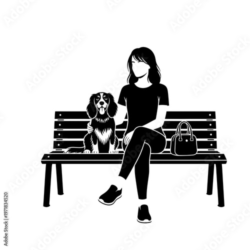 Girl with her dog in park: A serene scene unfolds as a girl sits with her faithful canine companion on a park bench, the dog resting contentedly by her side. A symbol of companionship, affection.