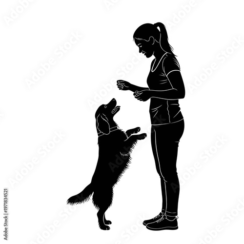 Dog Training Silhouette: A silhouetted image captures the bond between a dog trainer and a canine companion, training session with positive reinforcement.