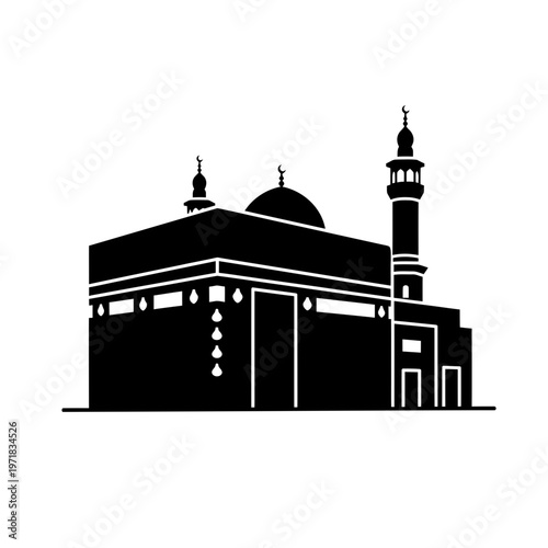 Kaaba Silhouette: A stark silhouette of the Kaaba, the most sacred site in Islam, stands prominently, a symbol of faith and unity for Muslims worldwide.  