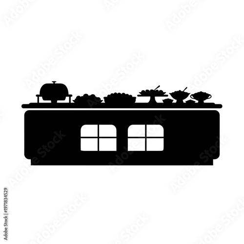 Banquet Table Silhouette: A silhouette of a banquet table laden with various dishes, suggesting a feast or culinary event.