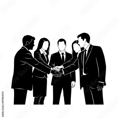 Business Handshake: An illustrative depiction of a united group of business people, sealed by a handshake, symbolizing a pact of agreement and a deal's commencement.
