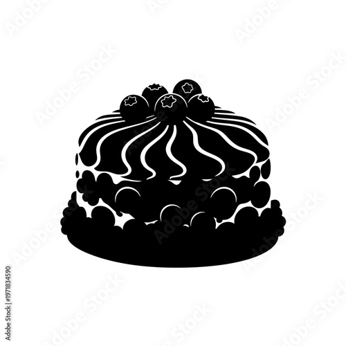 Cake Silhouette: A minimalist, high-contrast silhouette of a delectable cake, adorned with creamy frosting swirls and fresh berries, perfect for a design concept.
