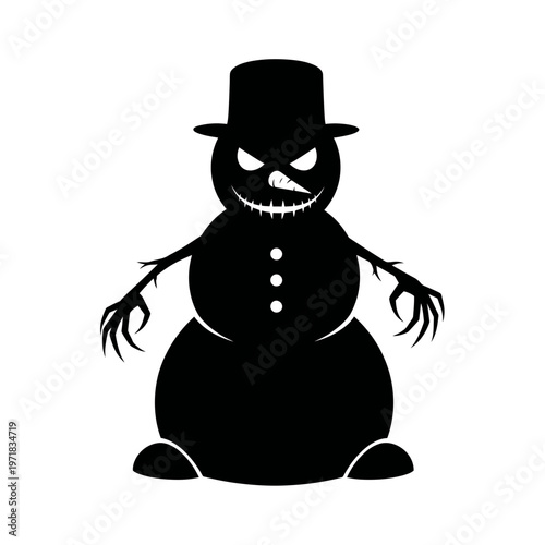 Sinister Snowman Silhouette: A chilling silhouette of a malevolent snowman, embodying the dark essence of winter with menacing eyes and sharp claws, evokes a sense of winter fear.