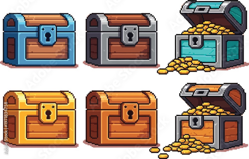 a colorful arrangement of pixel art treasure chests some locked and others overflowing with glittering gold coins presented on a pink backdrop