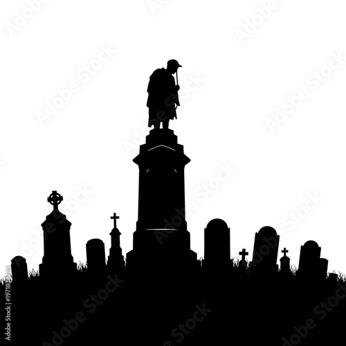Silent Reverie in the Cemetery: A haunting silhouette of tombstones and a statue cast a solemn ambiance, the stillness and solitude of a place of remembrance.
