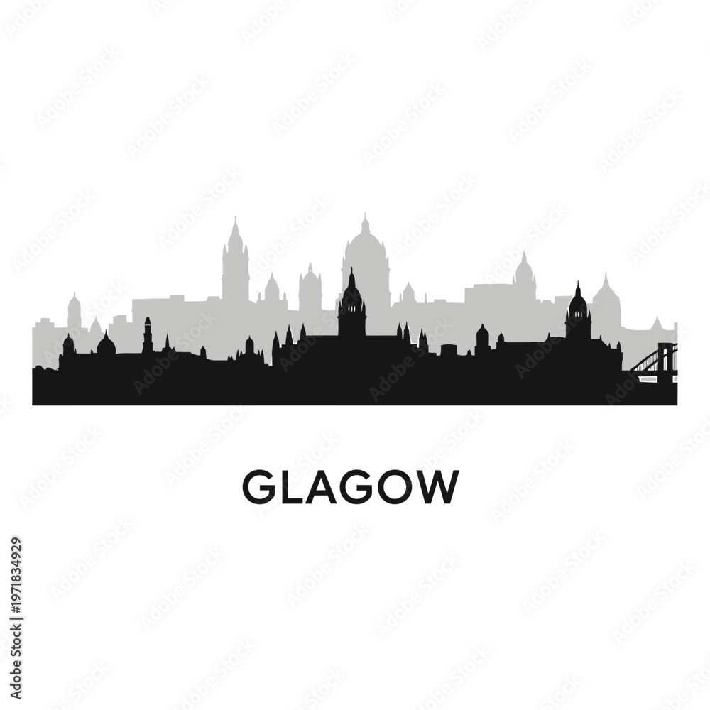 Obraz premium Glasgow Skyline Silhouette: An elegant monochrome silhouette captures the essence of Glasgow's iconic architecture, showcasing its distinctive skyline against the backdrop.