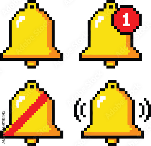 a vibrant pixel art illustration showcases four distinct yellow notification bells with varying symbols indicating different alert types high quality professional