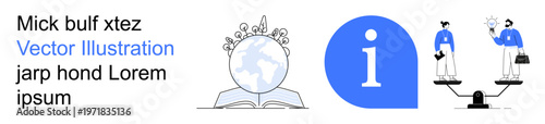 Education, knowledge sharing, equality, balance, information, global awareness. Globe with open book, information symbol and balanced scales with people. Education and equality conceptual design
