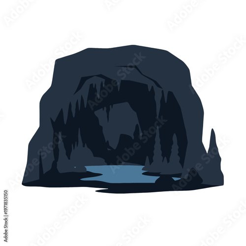 Dark cavern interior with stalactites and a small pool of water