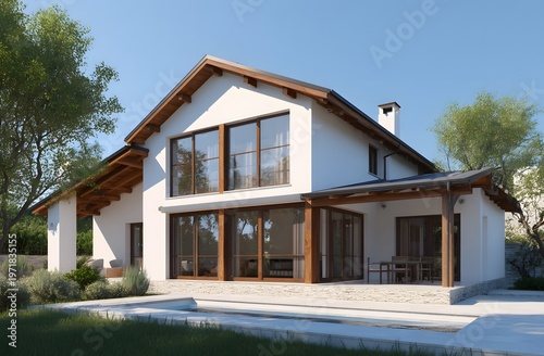 Modern two-story white house with wooden accents and large windows