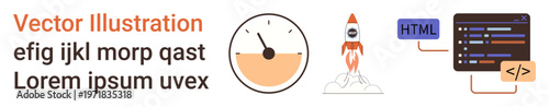 Web development, coding education, productivity, performance, technology innovation, software design. Rocket innovation, speedometer performance coding elements for web development. Productivity