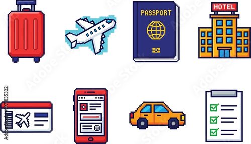 a collection of vibrant pixel art icons representing travel essentials like suitcases airplanes passports and hotel buildings high quality professional detailed
