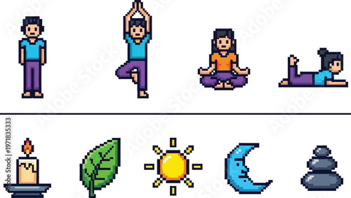 pixel art depicts people practicing yoga poses alongside elements representing nature mindfulness and peaceful well being in a serene composition