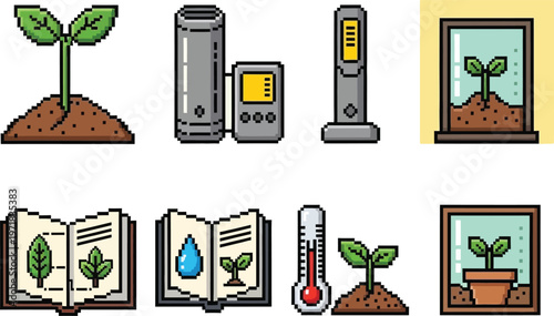 a collection of pixelated gardening icons depicting plants tools books and a greenhouse representing indoor and outdoor cultivation high quality professional