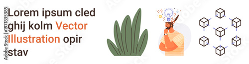 Innovation, brainstorming, conceptual thinking, creativity, learning, problem-solving. A thoughtful person, a plant and a cube diagram. Innovation and brainstorming concepts