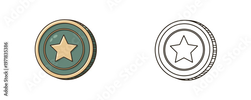 Game coin illustrations with star symbol in flat colored and black line styles using green and gold tones representing reward or currency for gaming UI and app design
