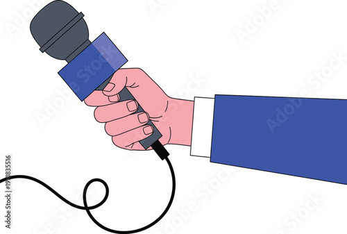 A simple cartoon illustration depicts a hand firmly gripping a classic black and blue microphone conveying a sense of communication