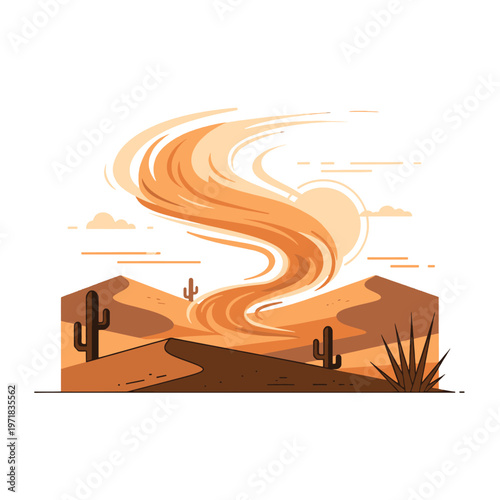 A swirling sandstorm engulfs a barren desert landscape with cacti