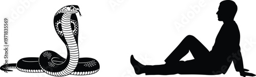 cobra snake facing man silhouette, danger confrontation concept, fear risk wildlife threat, human versus animal illustration, black white isolated design