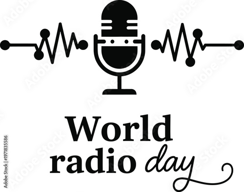 This image depicts a vibrant world radio day logo featuring a red microphone combined with audio waveform lines and lettering