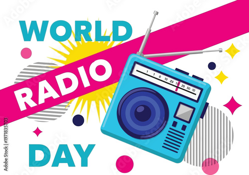 A vibrant illustration showcases a retro turquoise radio with bright pink and yellow elements celebrating world radio day creating a cheerful aesthetic
