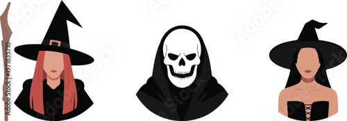 Flat Halloween vector set with two witches and skeleton badge dark fantasy spooky themed minimalist illustration